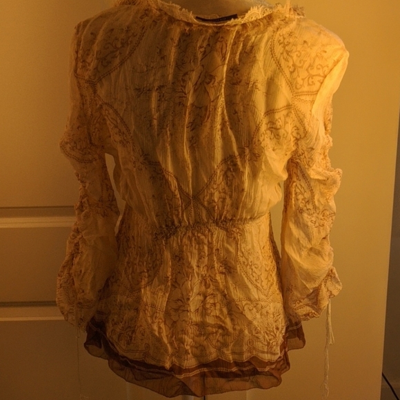 Elie Tahari Silk Boho Cream Brown Floral Top - Picture 3 of 7